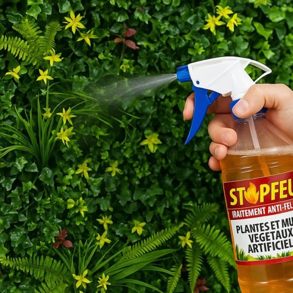 Application du traitement ignifugeant STOPFEU M1 sur feuillage artificiel
