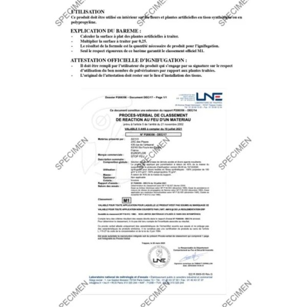Protection anti-feu STOPFEU M1 pour décor végétal artificiel
