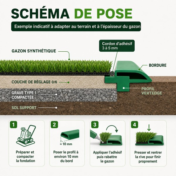 Schéma de pose VertEdge sur grave compactée avec couche de réglage, adhésif et gazon synthétique