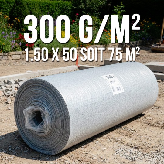 Rouleau géotextile 300 g/m² professionnel 1,5 × 50 m – 75 m²
