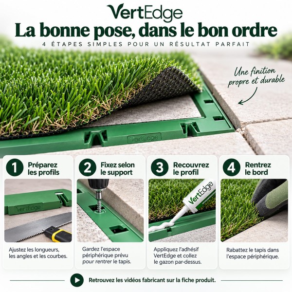 Pose VertEdge : le gazon recouvre le profil puis son bord est rentré en périphérie