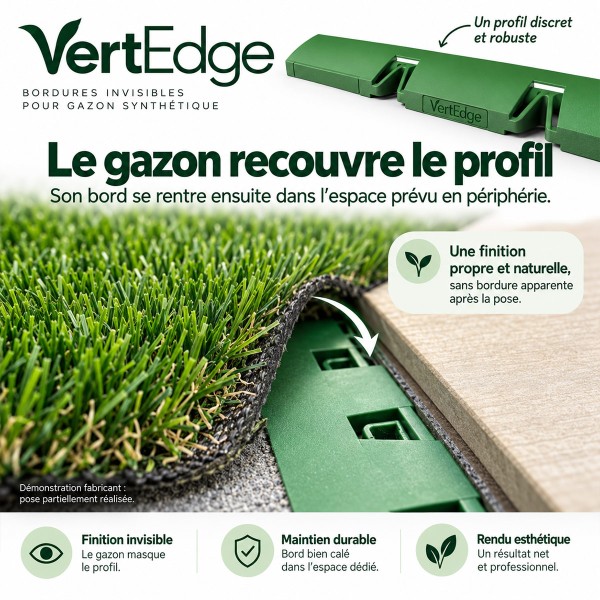 Étapes de pose VertEdge : préparer, fixer, recouvrir le profil et rentrer le bord du gazon