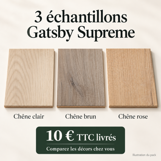 Illustration du pack de 3 échantillons Gatsby Supreme : chêne clair, brun et rosé, 10 € TTC livrés