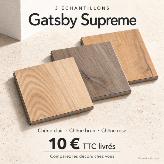 Illustration du pack de 3 échantillons Gatsby Supreme : chêne clair, brun et rosé, 10 € TTC livrés