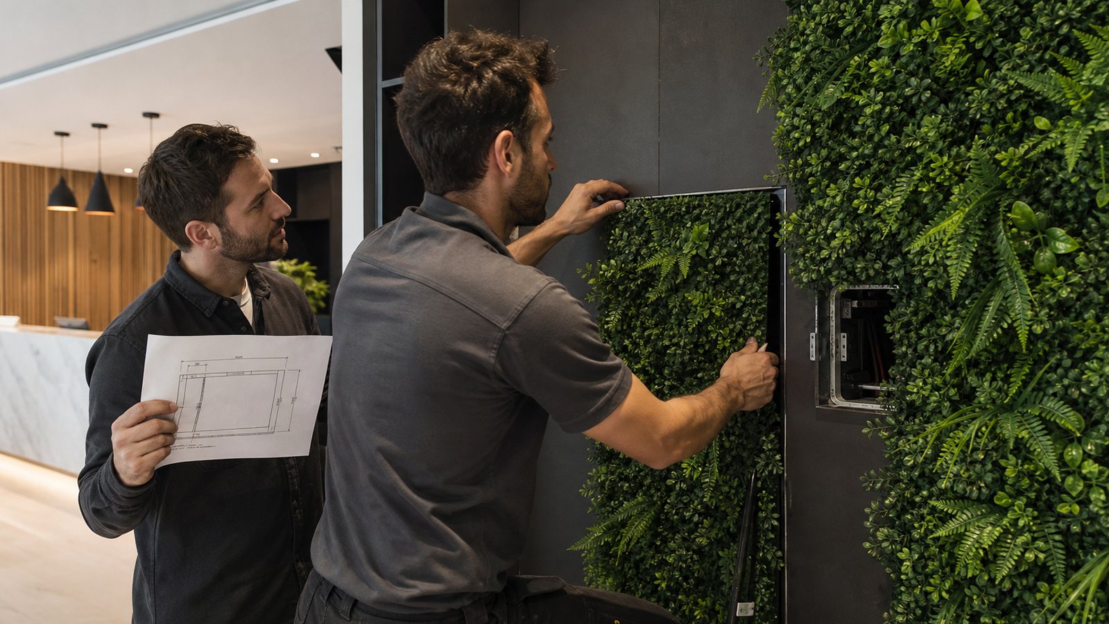Professionnels contrôlant le support et les accès avant la pose d'un mur végétal intérieur