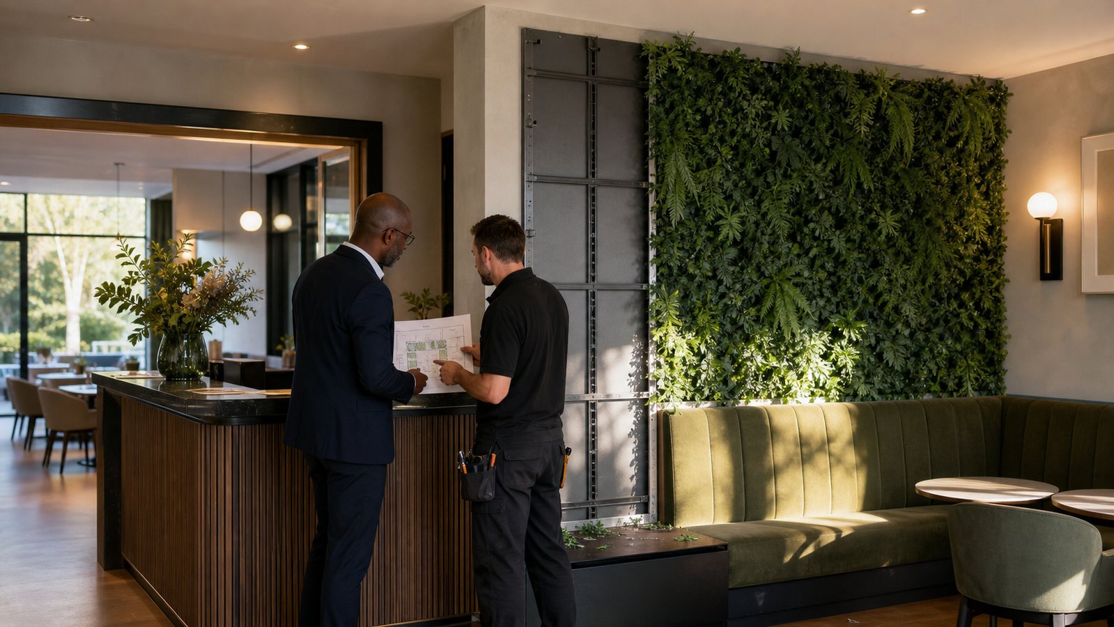 Responsable de restaurant et installateur préparant l'emplacement d'un mur végétal artificiel