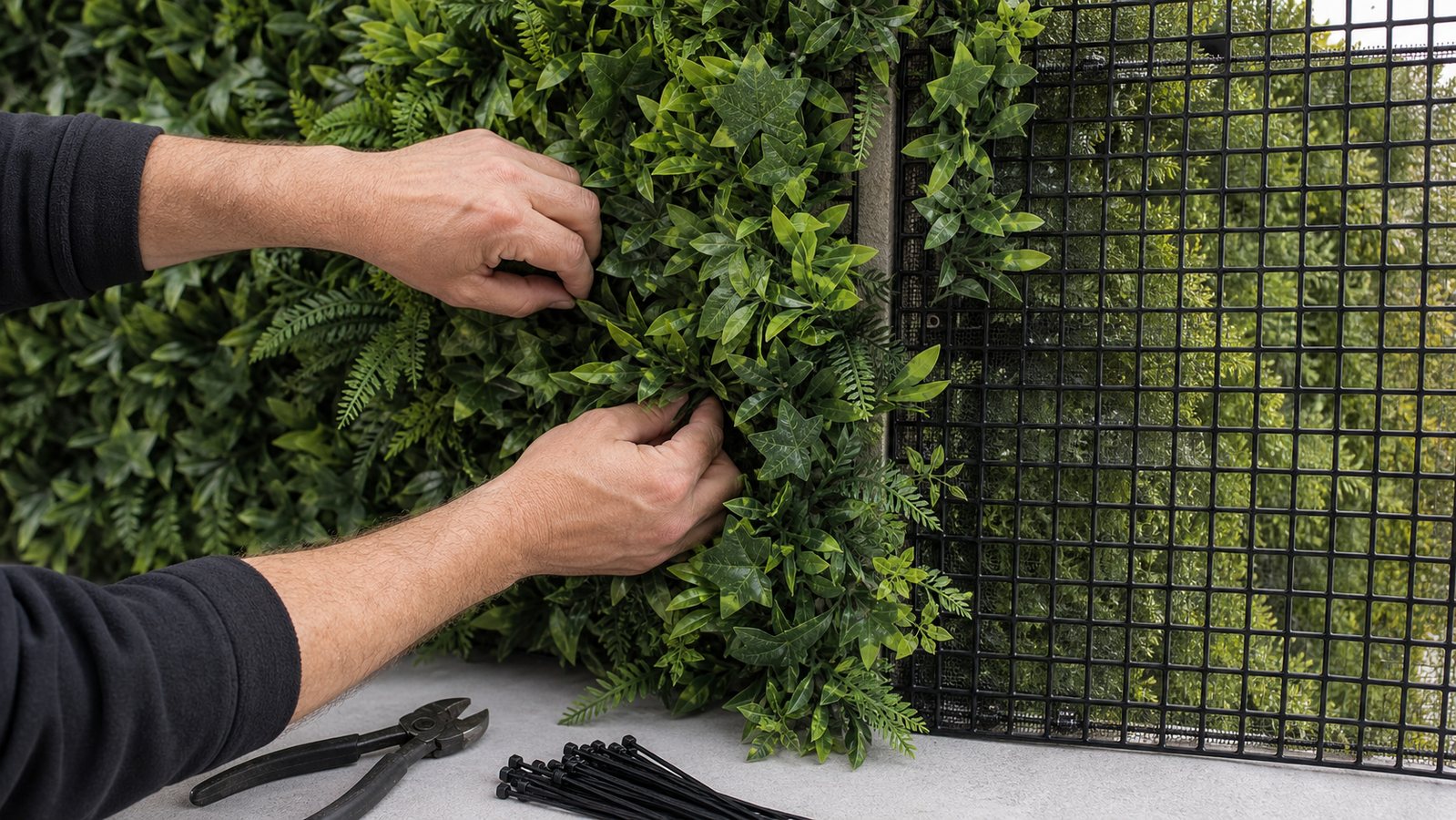 Ouverture du feuillage pour masquer le raccord entre deux panneaux de mur végétal artificiel