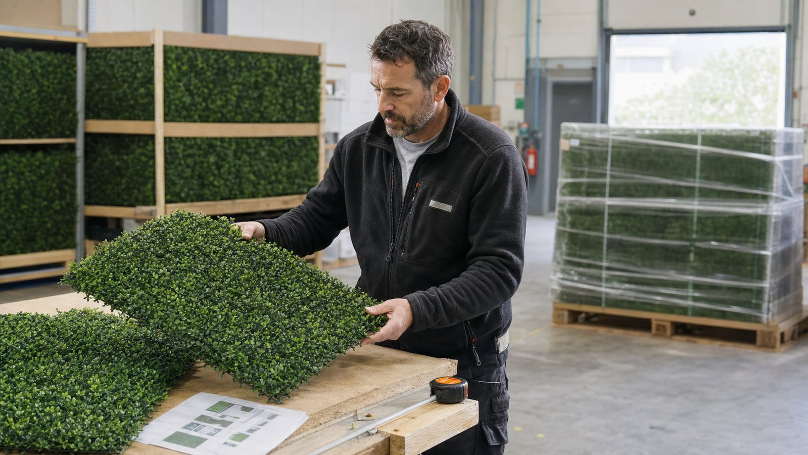 Professionnel comparant des panneaux de mur végétal artificiel et une préparation sur palette