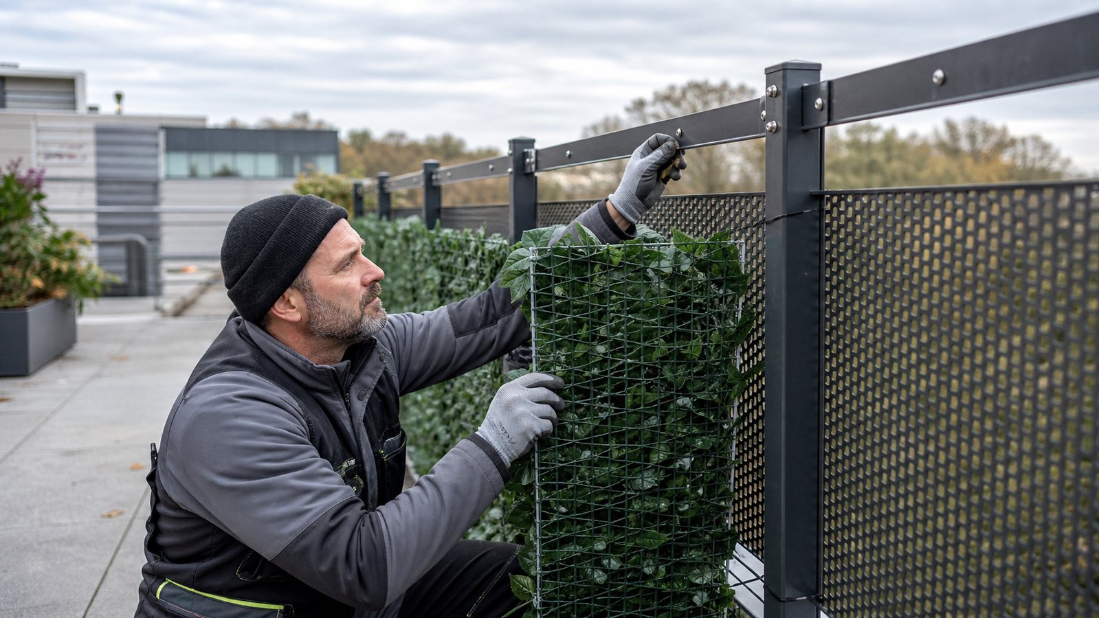Contrôle des poteaux et fixations avant la pose d'un mur végétal artificiel extérieur
