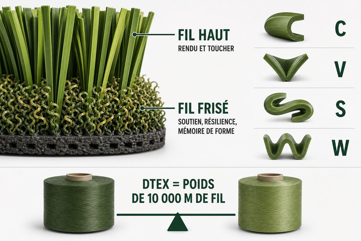 Comparaison des formes de fibres et du fil frisé d’un gazon synthétique professionnel