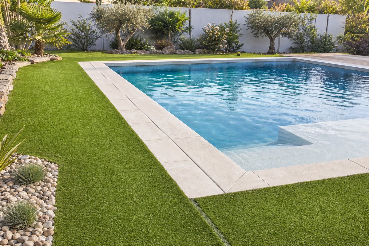 Aménagement en gazon synthétique autour d’une piscine avec margelles minérales