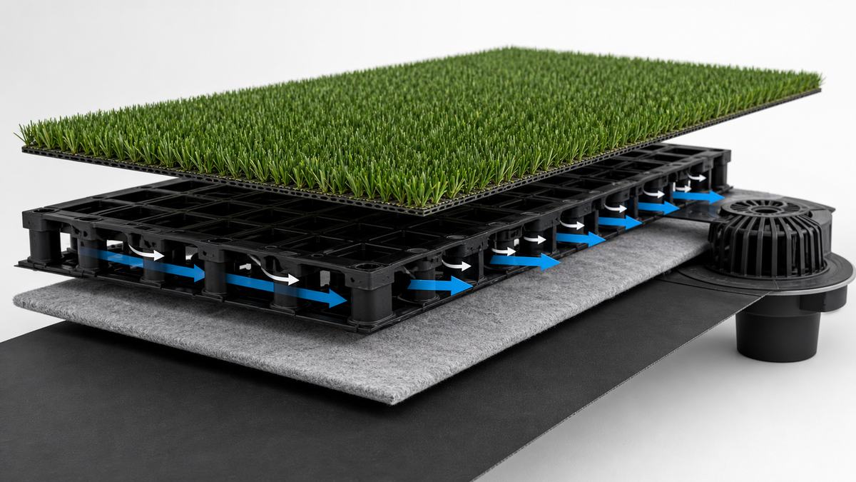 Pose de gazon synthétique sur toit-terrasse : étanchéité EPDM, géotextile 300 g et Drain Panel