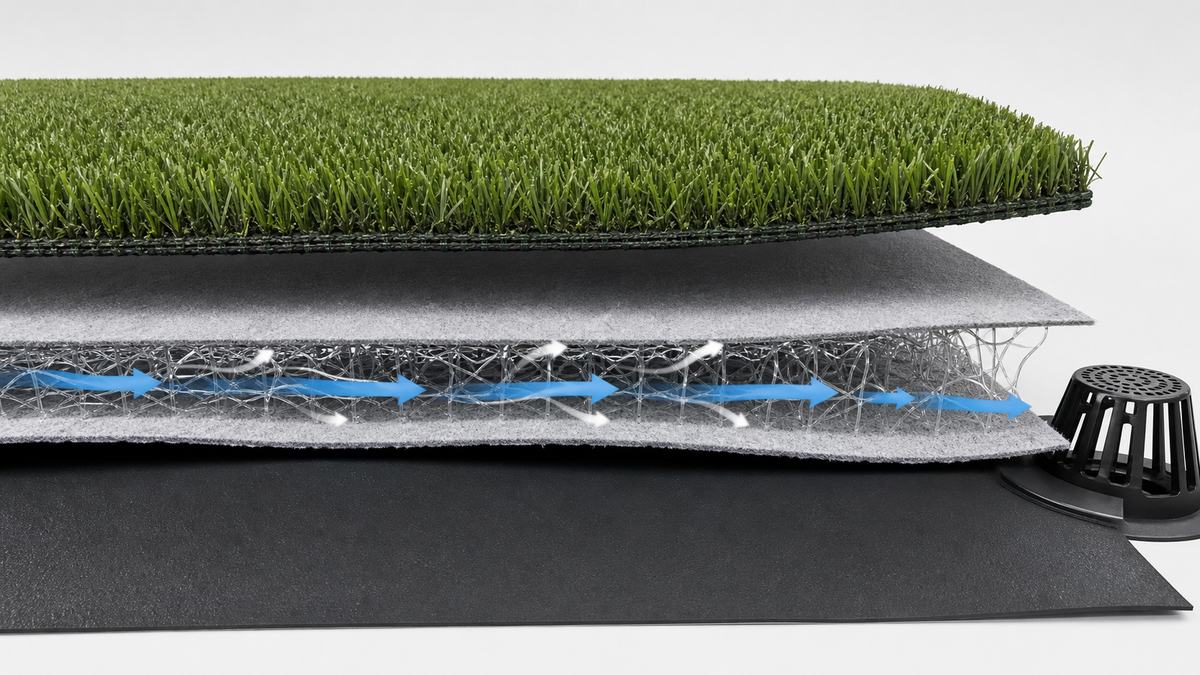 Pose de gazon synthétique sur étanchéité EPDM avec géodrainant : circulation de l'air et évacuation de l'eau