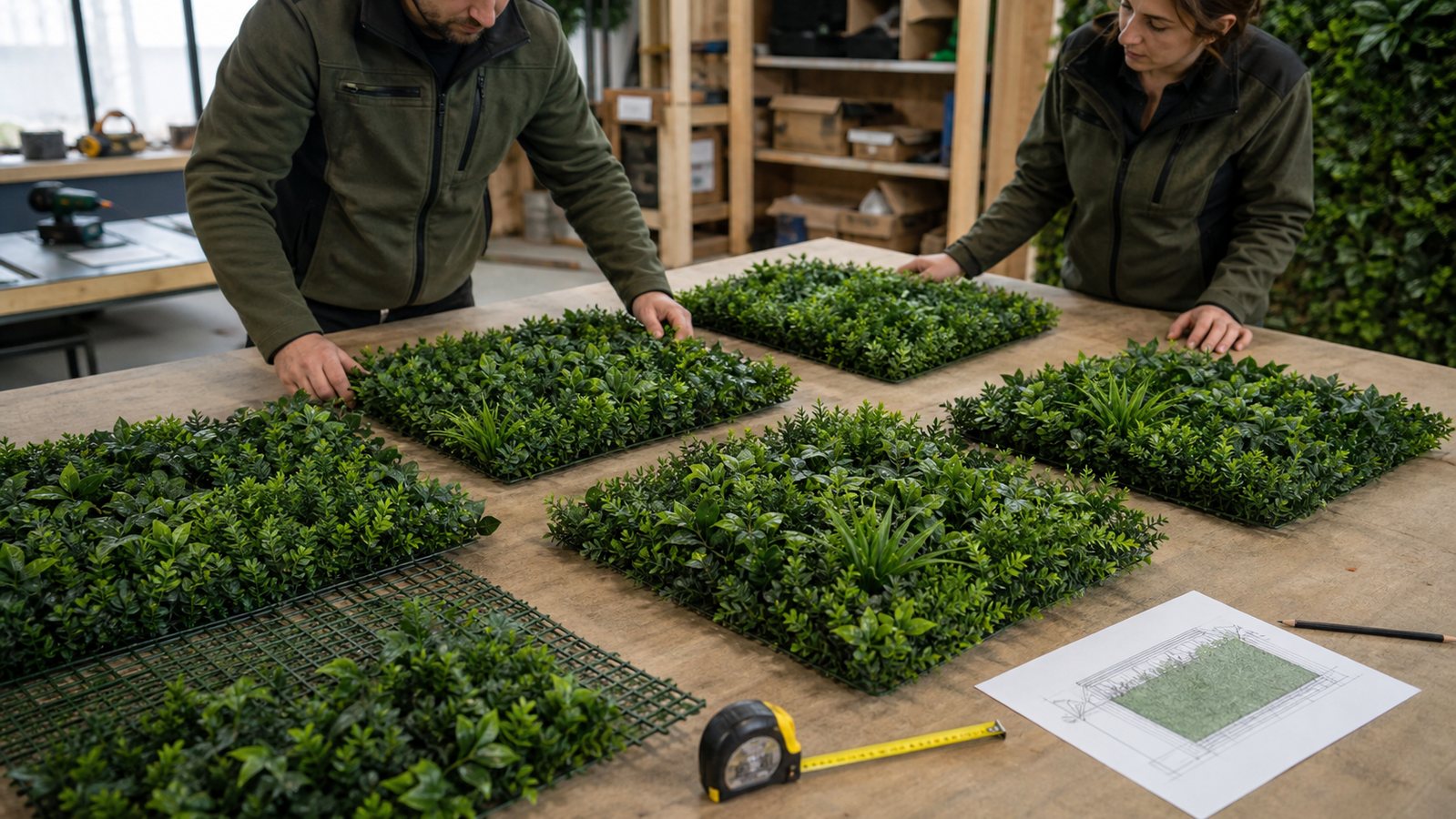 Préparation de cinq panneaux de mur végétal artificiel avant la pose de 5 m²