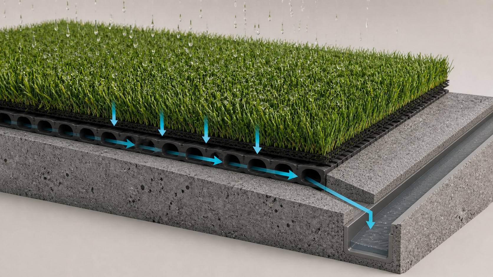 Illustration du trajet de l’eau à travers le gazon synthétique puis dans les couches du support