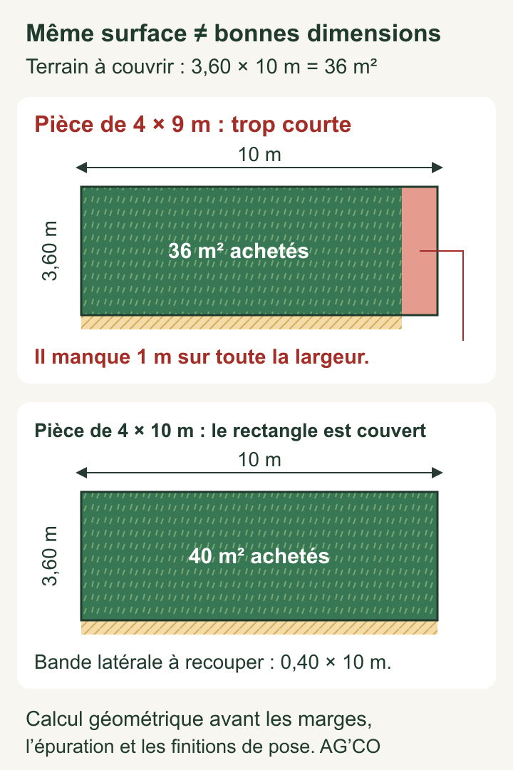 Plan coté : une pièce de 4 × 9 m laisse un mètre à couvrir sur un terrain de 3,60 × 10 m ; une pièce de 4 × 10 m couvre le rectangle avant finitions.