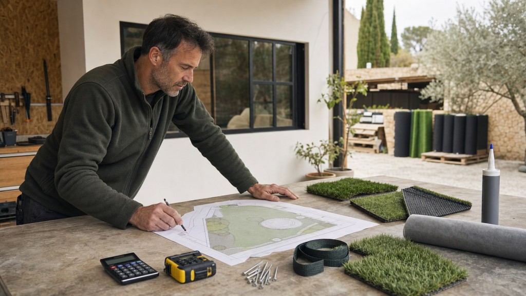 Paysagiste calculant les pertes, le géotextile, les jonctions et les accessoires à partir d’un plan de jardin